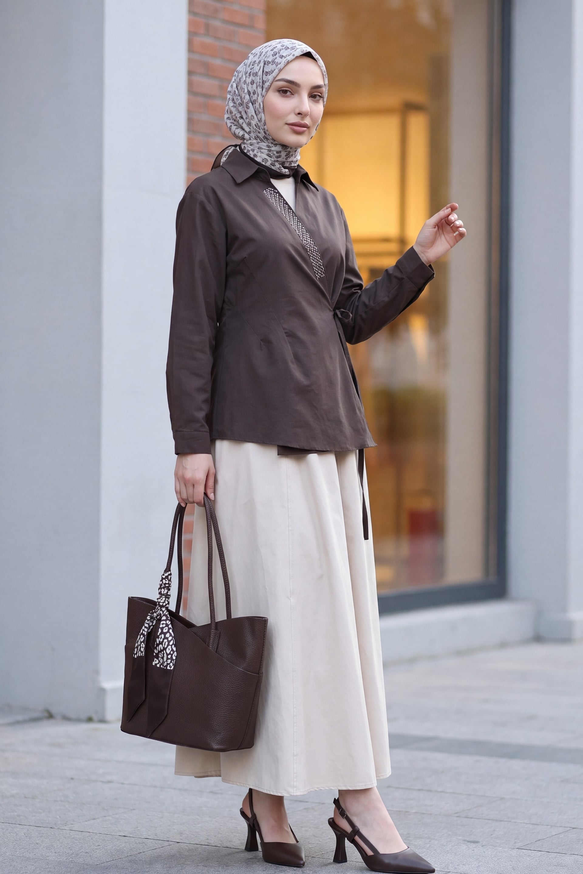 Side-Tie Stone-Detailed Wrap Collar Poplin Blouse - Dark Brown - Podyumplus - by Peralane - photo 4