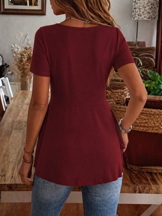Women's Burgundy Short-Sleeve Round-Neck Viscose Tunic with Asymmetric Detail - Janes - by Peralane - photo 3