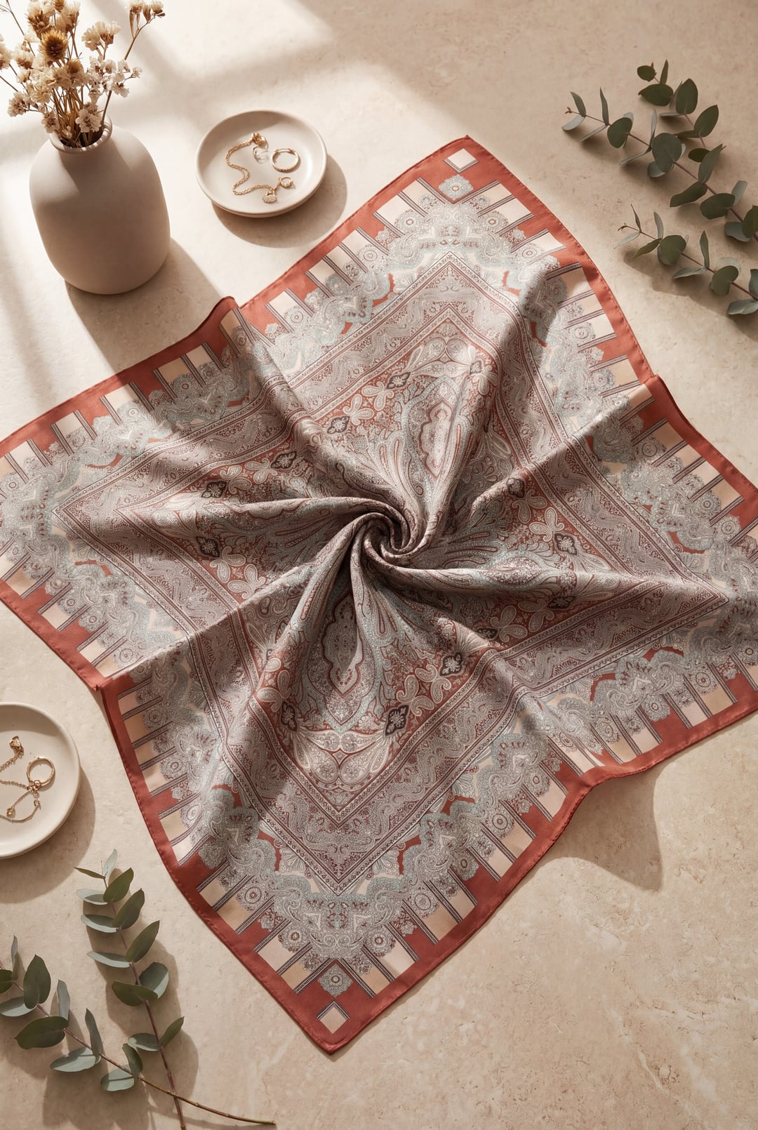 Authentic Patterned Cotton Scarf - Rust - Podyumplus - by Peralane