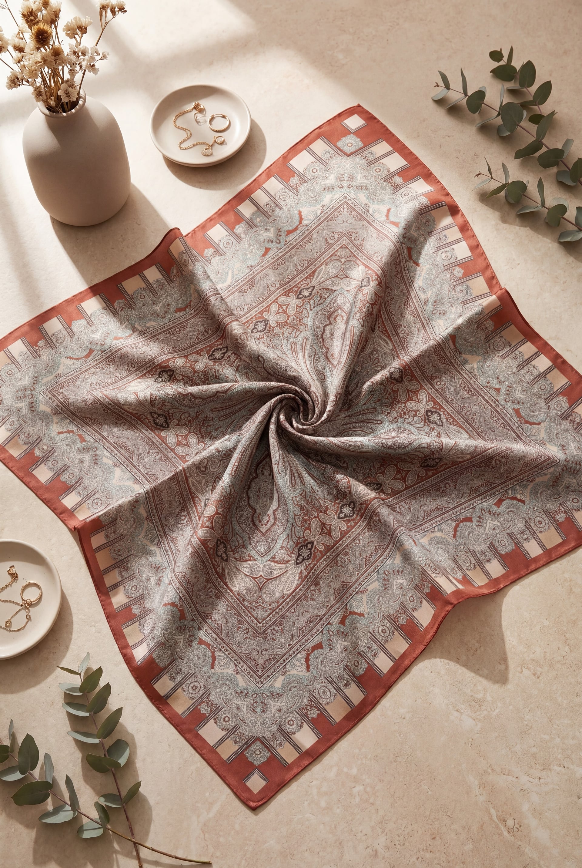 Authentic Patterned Cotton Scarf - Rust - Podyumplus - by Peralane