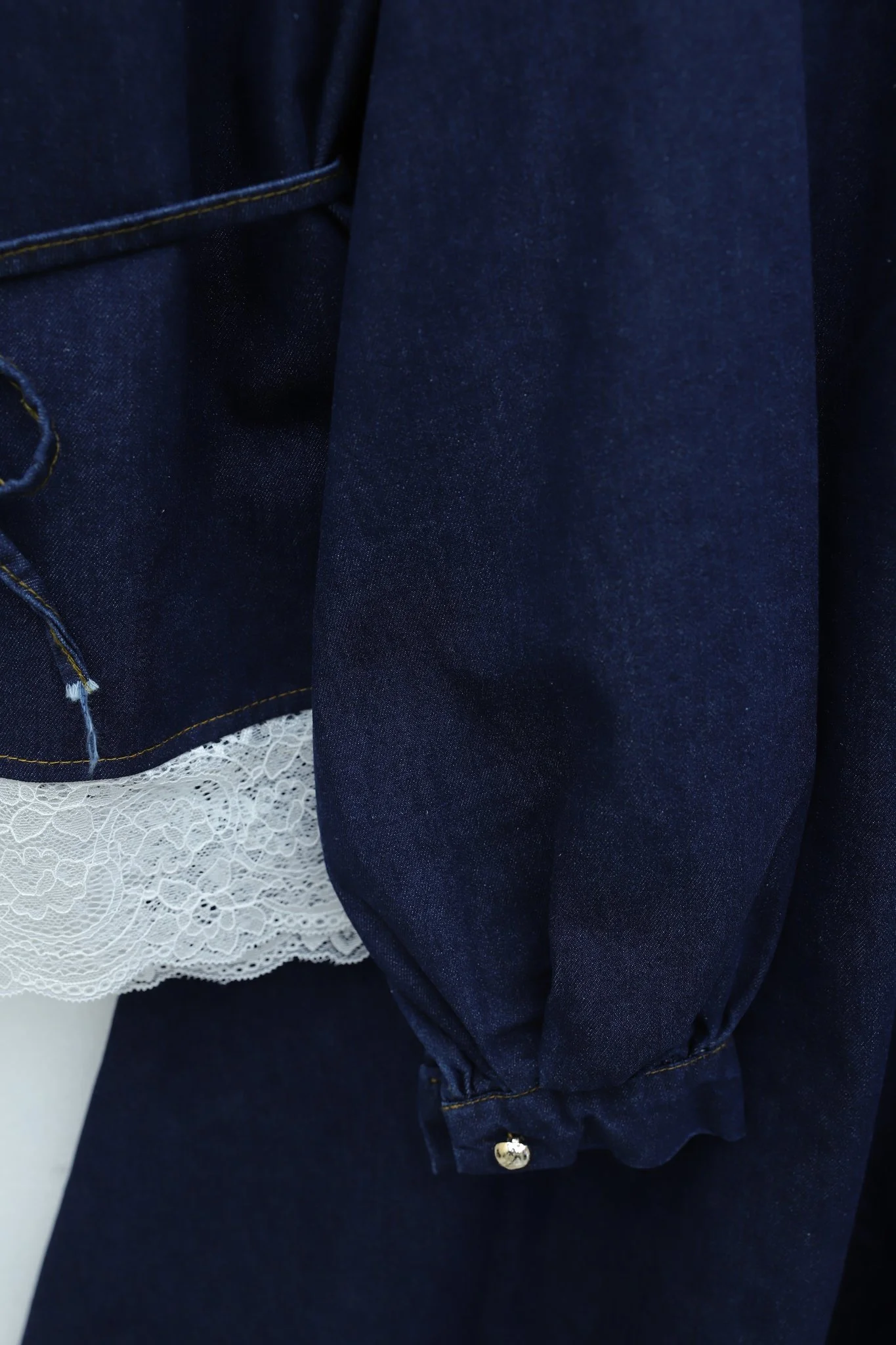 Round Neck Lace Detail Belted Buttoned Denim Skirt Set - Dark Navy - Podyumplus - by Peralane - photo 6