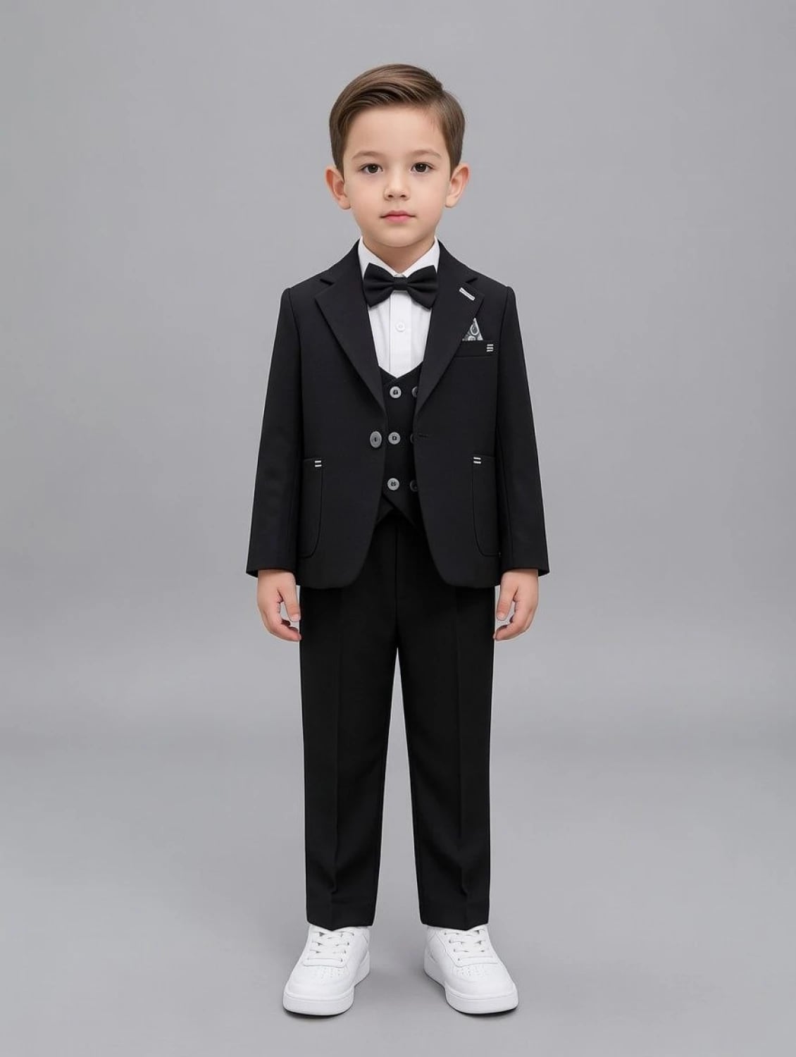 Boy's 4-Piece Suit Set with Pouch Pockets, Vest, and Bow Tie - Black - Ages 5-8 - Terry - by Peralane