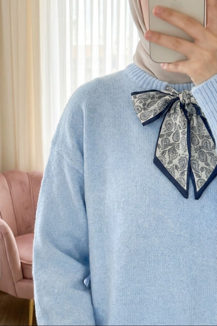 Light Blue Knit Sweater with Scarf Collar and White A-Line Skirt Set - Podyumplus - by Peralane - photo 2
