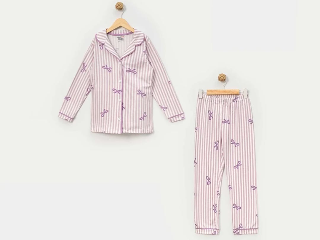 Girl's Long-Sleeve Button-Up Pyjama Set with Bow Print - Dolas - by Peralane