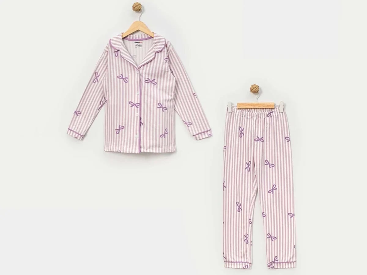 Girl's Long-Sleeve Button-Up Pyjama Set with Bow Print - Dolas - by Peralane