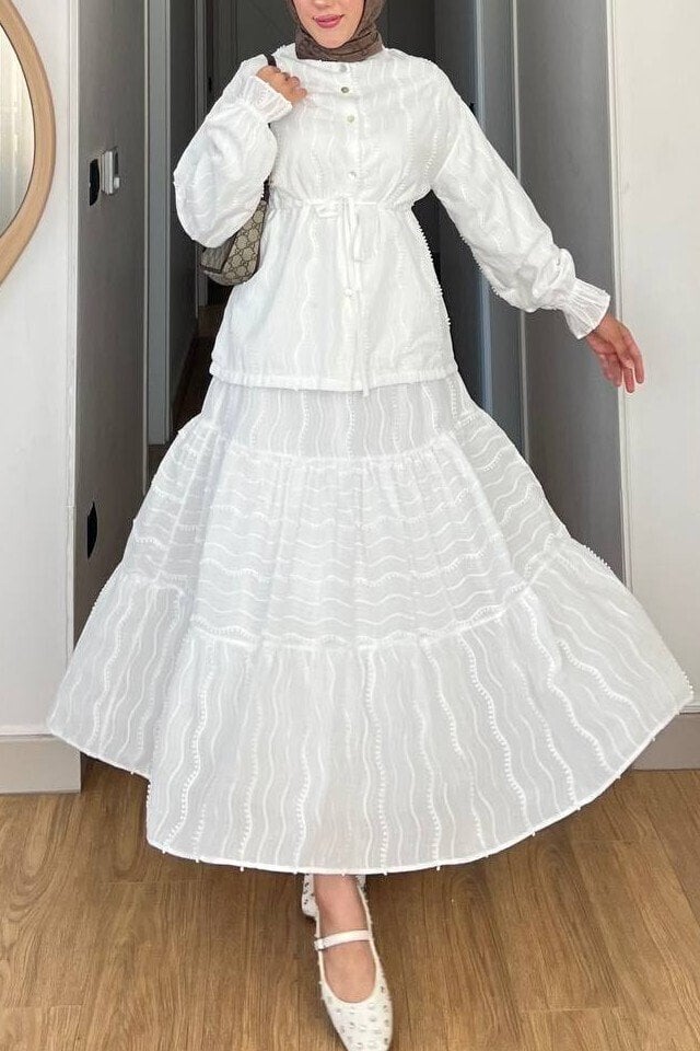 White Front-Button Drawstring Waist Long-Sleeve Blouse and Tiered Maxi Skirt Two-Piece Set for Women - Podyumplus - by Peralane - photo 6
