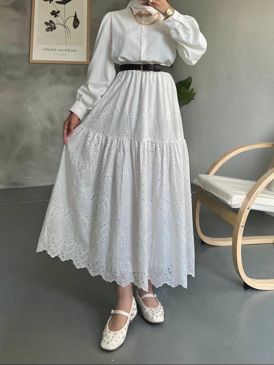 White Cotton Tiered Maxi Skirt with Elastic Waist and Lining - Pack of 5 - Afra Li̇ne - by Peralane