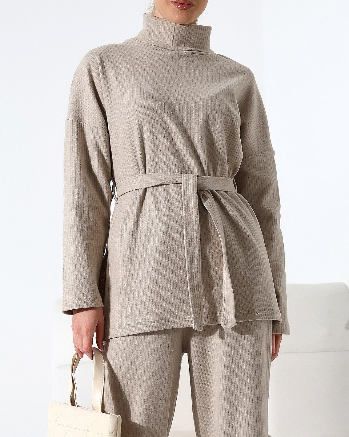 Half Turtleneck Tie-Belt Ribbed Lounge Set - Beige - Podyumplus - by Peralane - photo 6