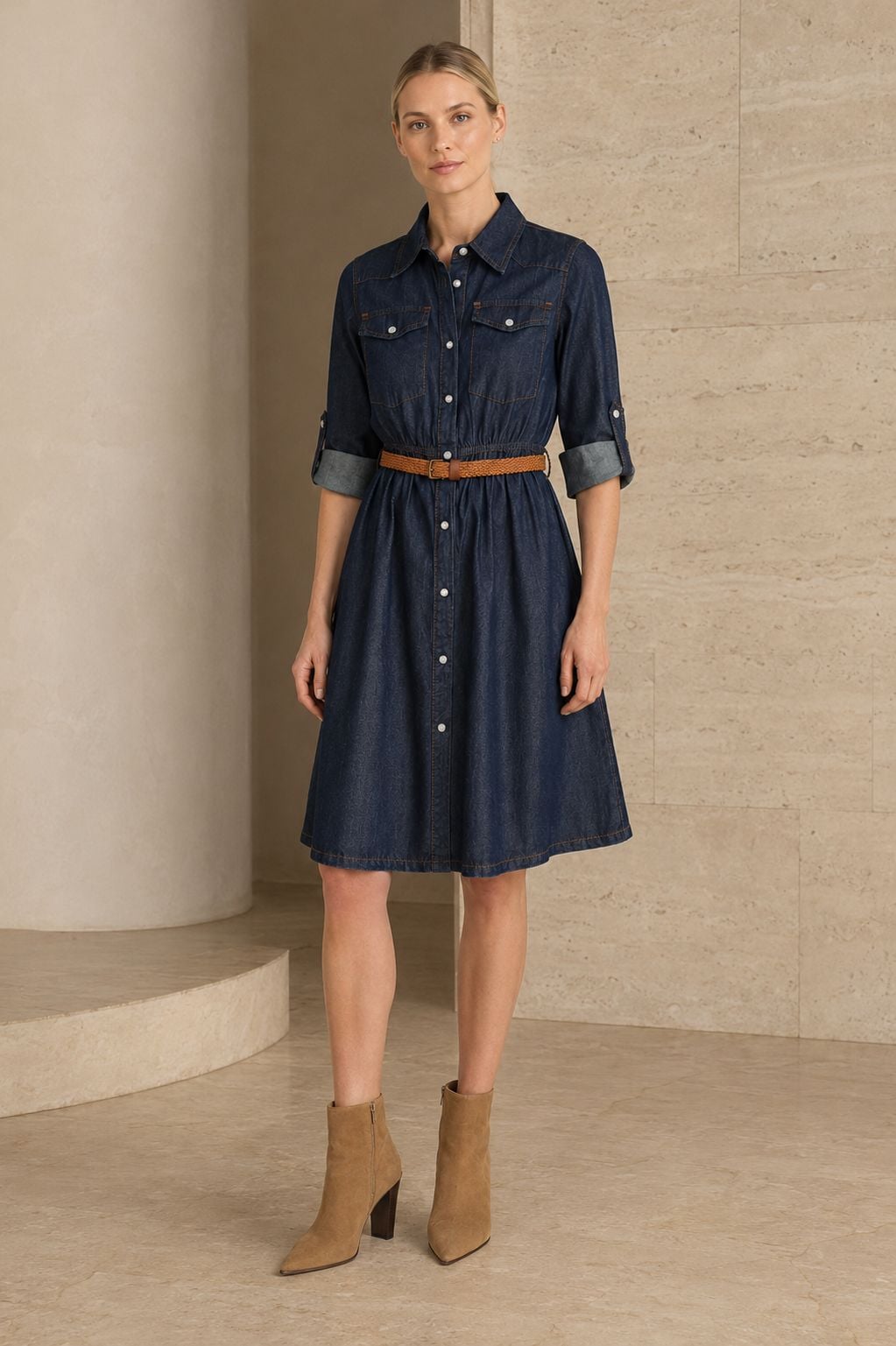 Burgu Detail Short Denim Shirt Dress with Belt - Navy - Xlove - by Peralane - photo 6
