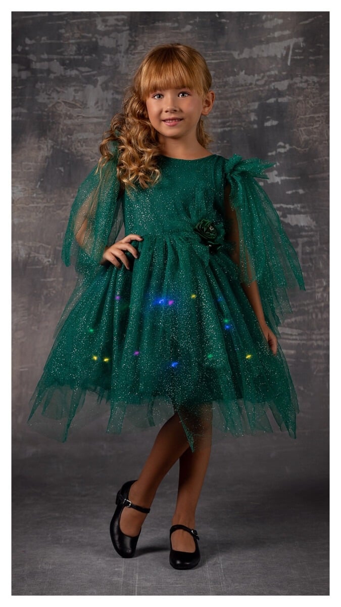 Girl's Dress with Lights – Emerald Green, Size 5-8 Years (Pack of 4) - Tivido - by Peralane
