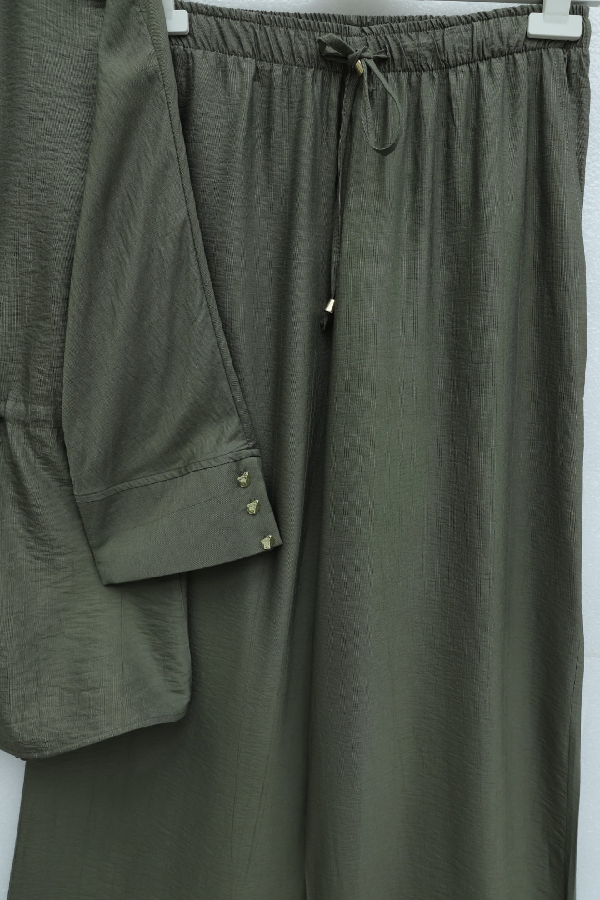 Tunnel Drawstring Waistband Cotton Crinkle Tunic and Wide-Leg Trousers Set - Olive Green - Podyumplus - by Peralane - photo 6