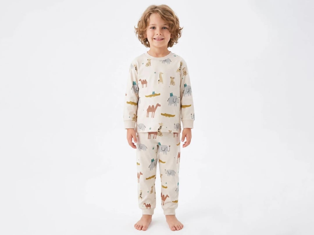 Safari Print Boys' Cotton Pajama Set - Beige - Isobel - by Peralane