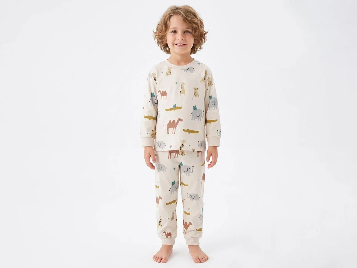 Safari Print Boys' Cotton Pajama Set - Beige - Isobel - by Peralane