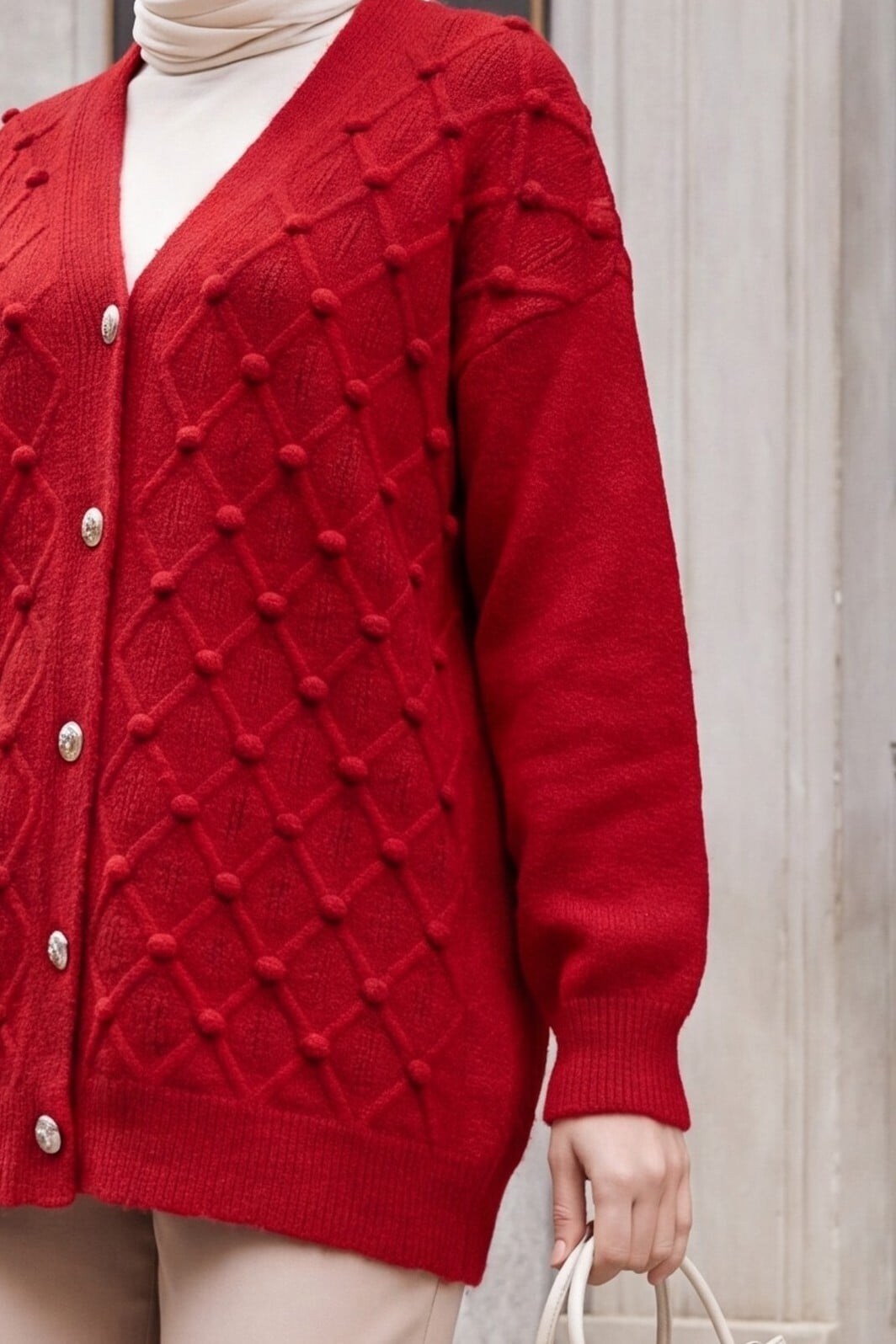 Red Raised Bobble Buttoned Knit Cardigan - Podyumplus - by Peralane - photo 5