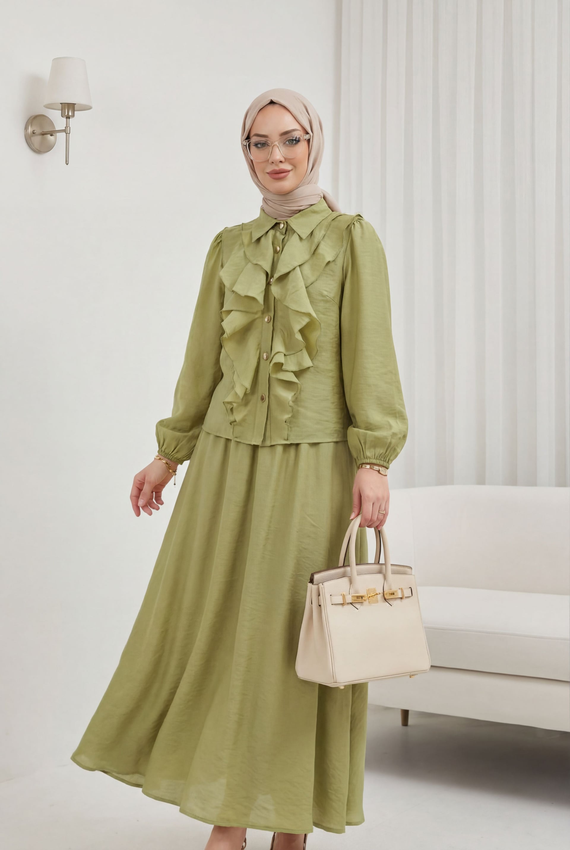 Ruffled Front Long Sleeve Blouse and A-Line Skirt Set in Olive Green - Podyumplus - by Peralane