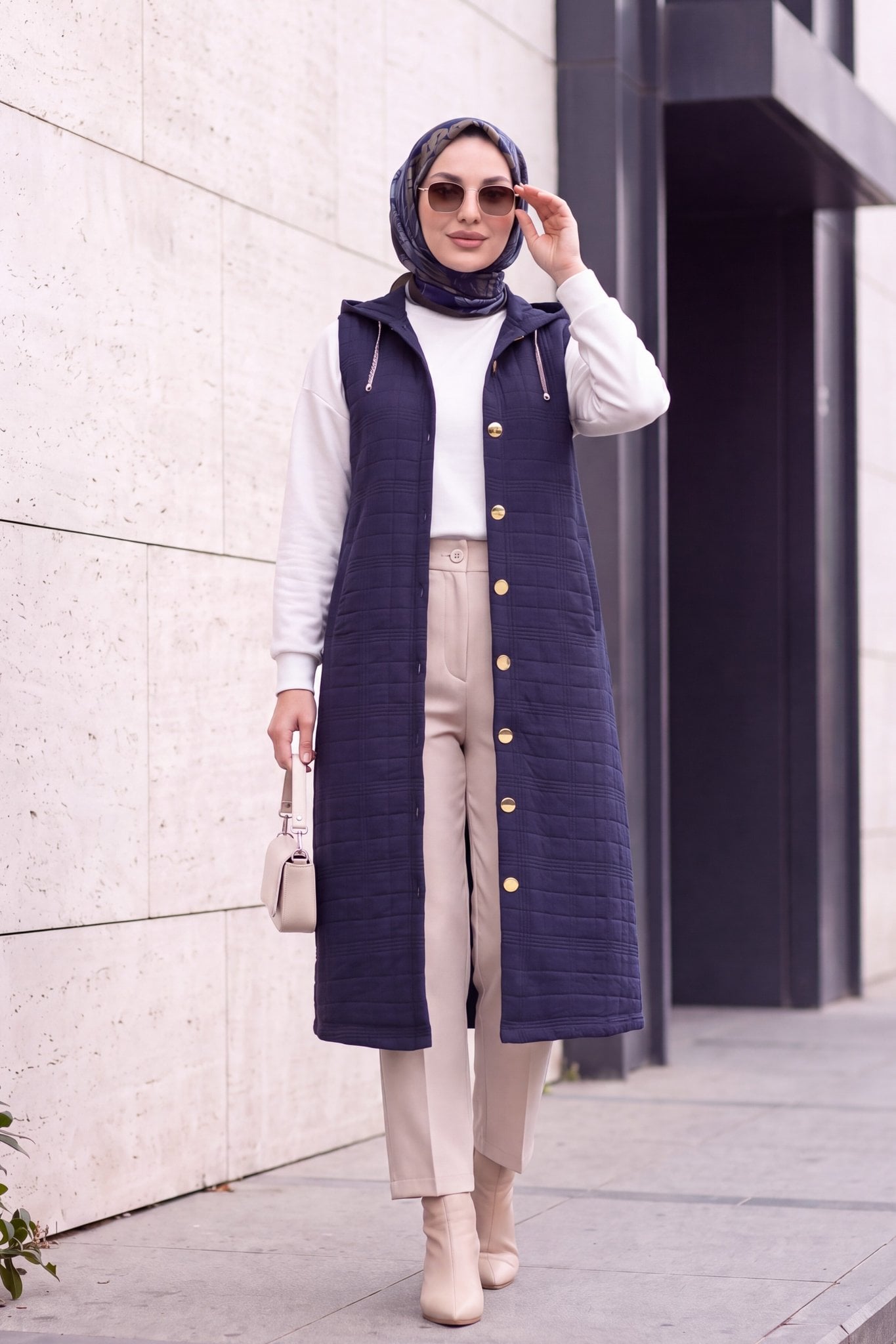 Navy Blue Quilted Hooded Vest with Gold Chain Details - Podyumplus - by Peralane - photo 3