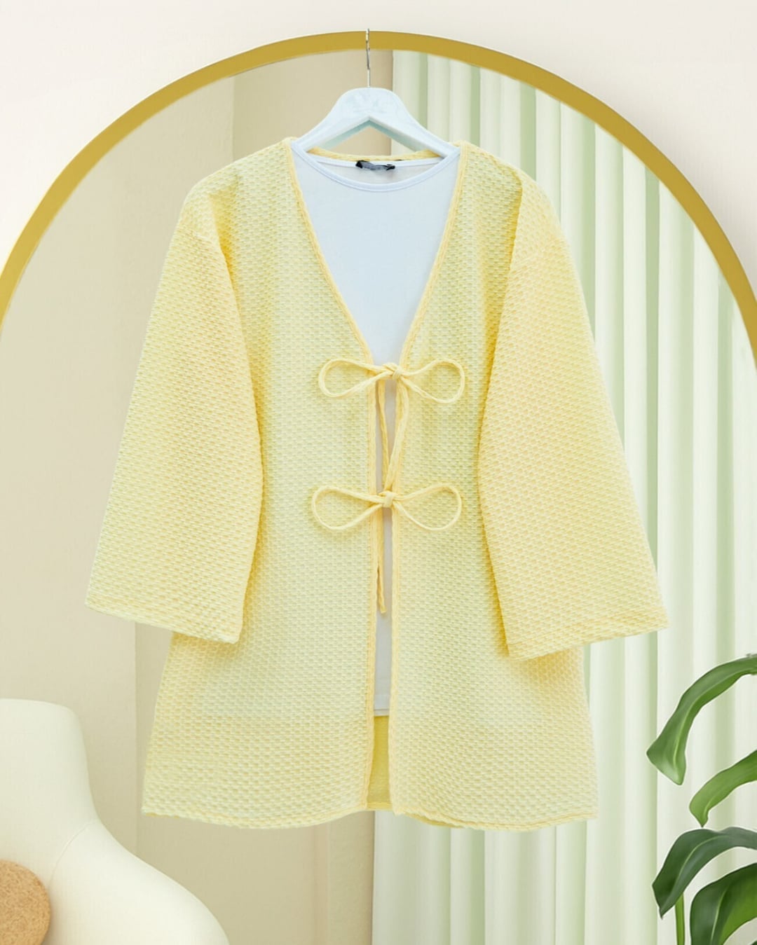 Front Double-Tie Honeycomb Pattern Kimono - Light Yellow - Podyumplus - by Peralane - photo 8