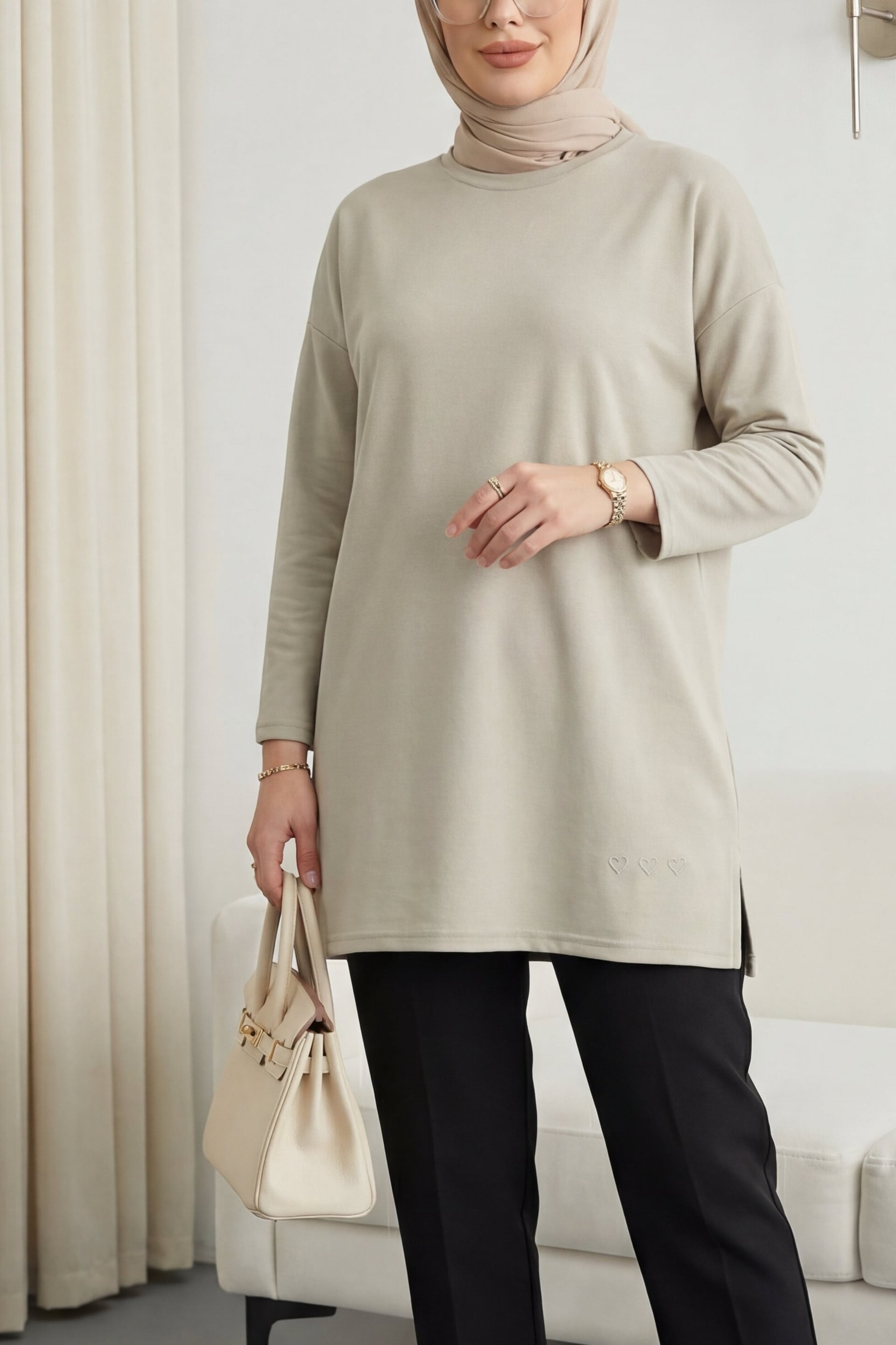 Relaxed Jersey Tunic with Heart Detail and Side Slits - Stone - Podyumplus - by Peralane - photo 3