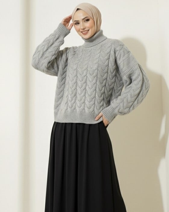 Cable Knit Turtleneck Sweater and Flowing Skirt Set - Grey - Podyumplus - by Peralane - photo 5
