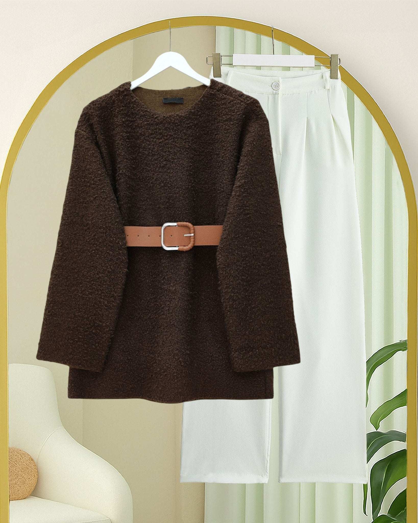 Thick Belted Boucle Tunic - Brown - Podyumplus - by Peralane - photo 4