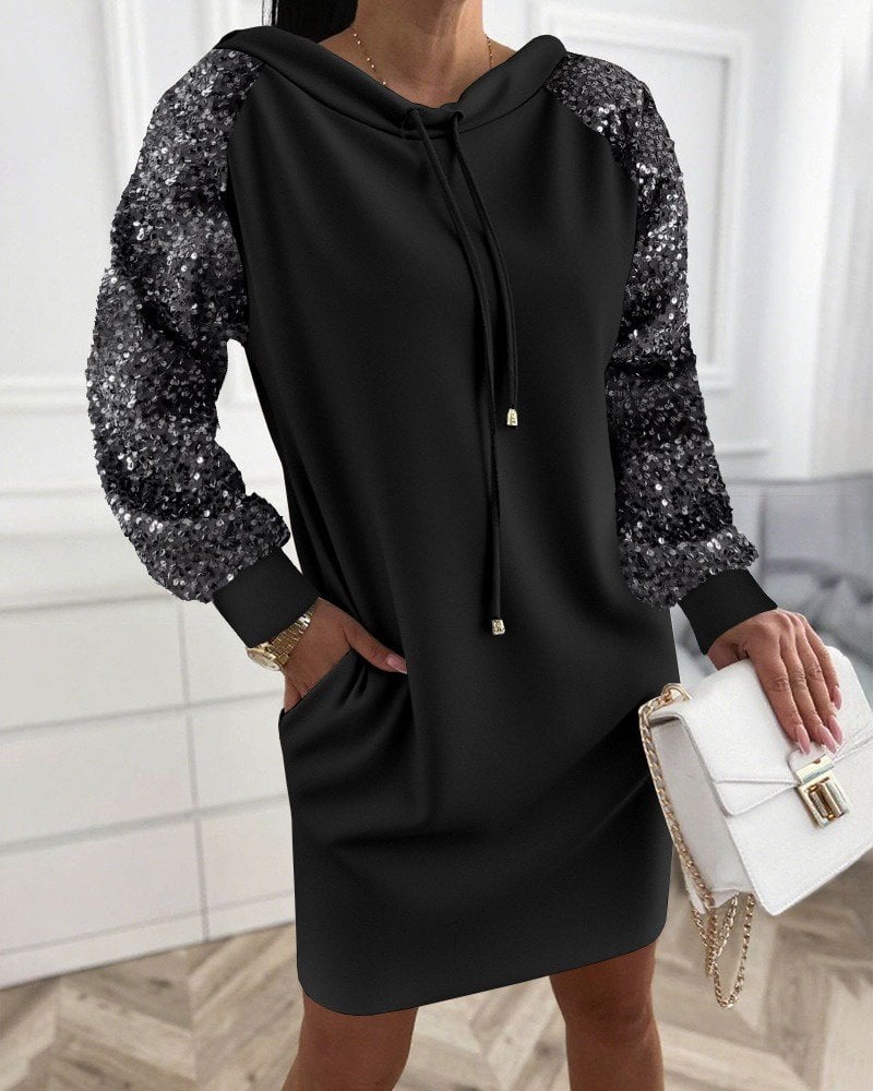 Women's Long Sleeve Sequin Drawstring Mini Dress with Pockets - Black - Janes - by Peralane - photo 2