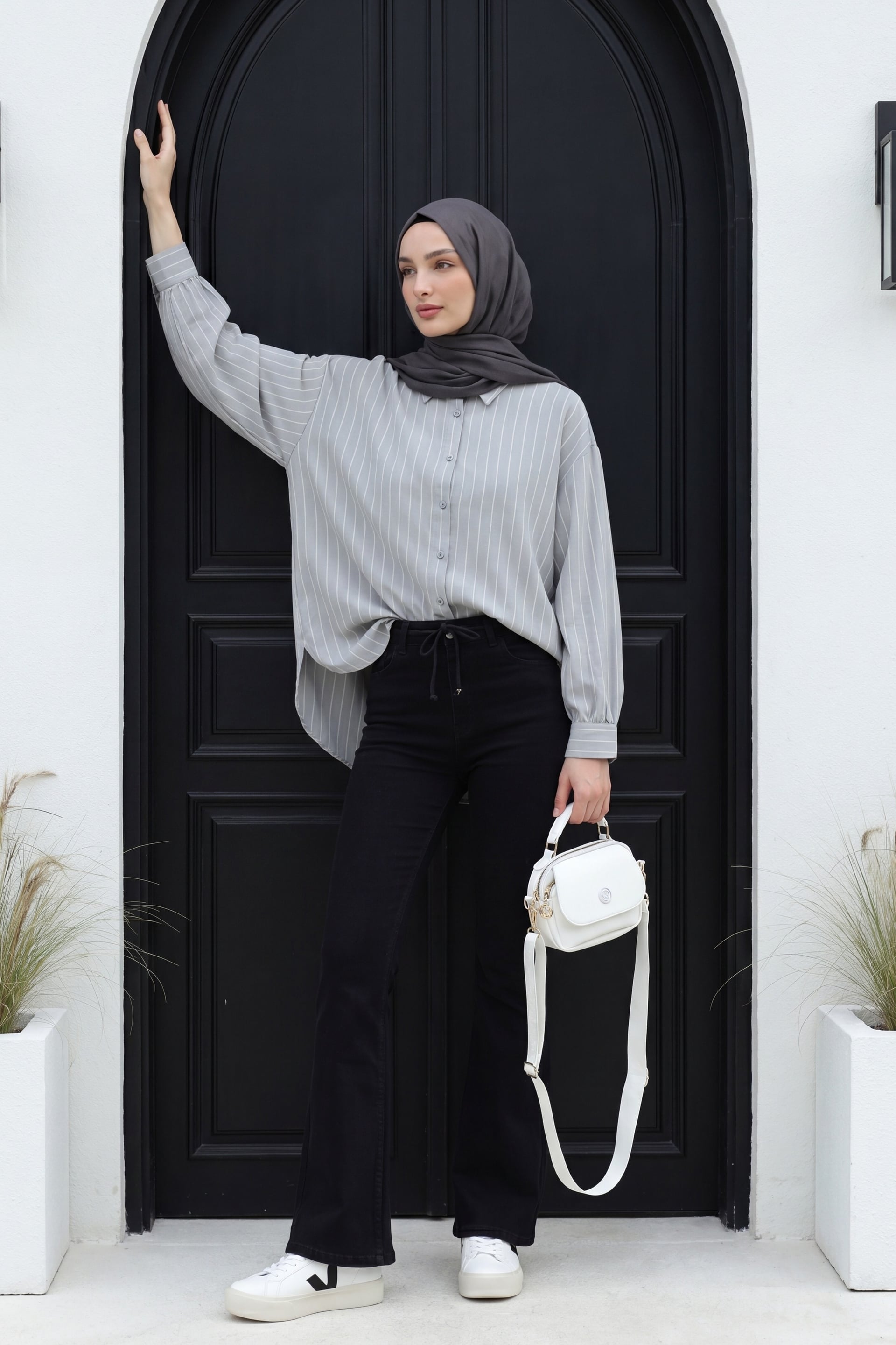 Striped Oversized Tunic Blouse with Side Slits - Light Grey - Podyumplus - by Peralane - photo 5