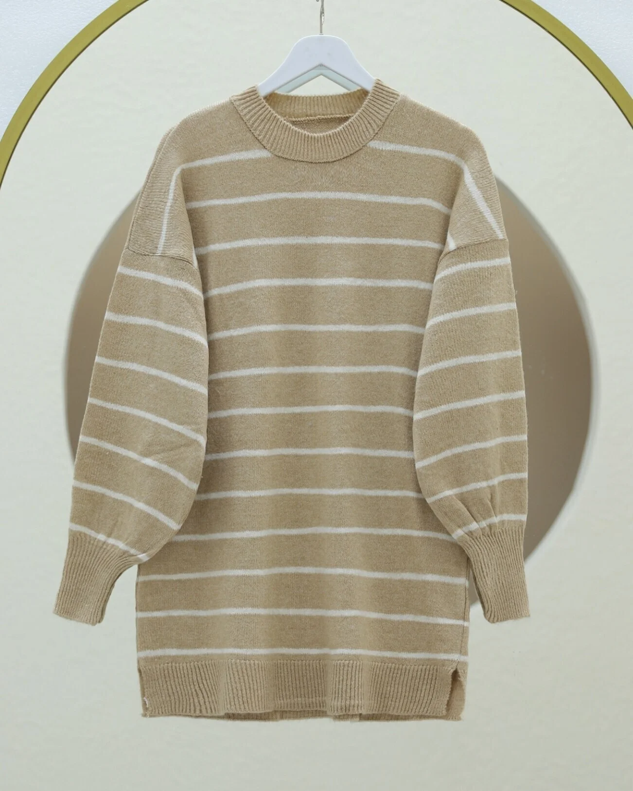 Fine Striped Slit Knit Tunic - Beige - Podyumplus - by Peralane - photo 3