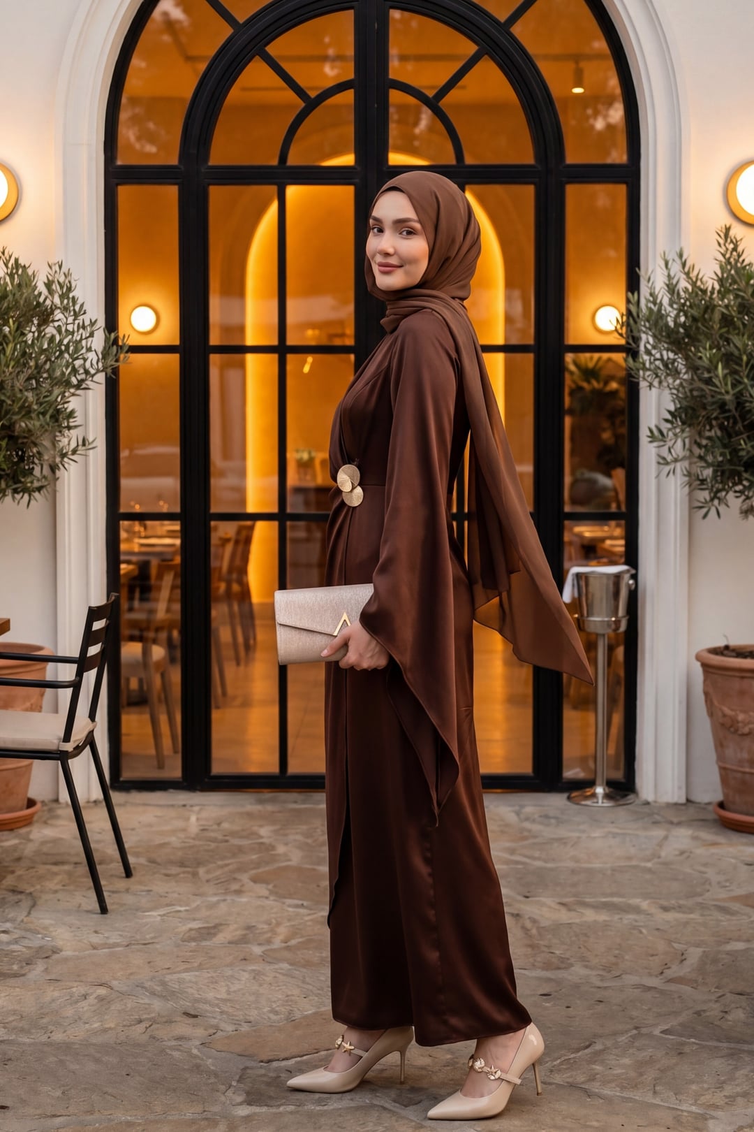 Buckle Detail Double Layer Front Asymmetric Sleeve Satin Evening Dress - Brown - Podyumplus - by Peralane - photo 2