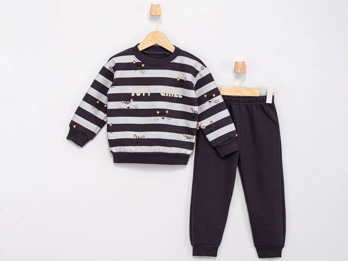 Just Chill Cat Print Striped Sweatshirt and Trousers Boys' Set - Feely Kids - by Peralane