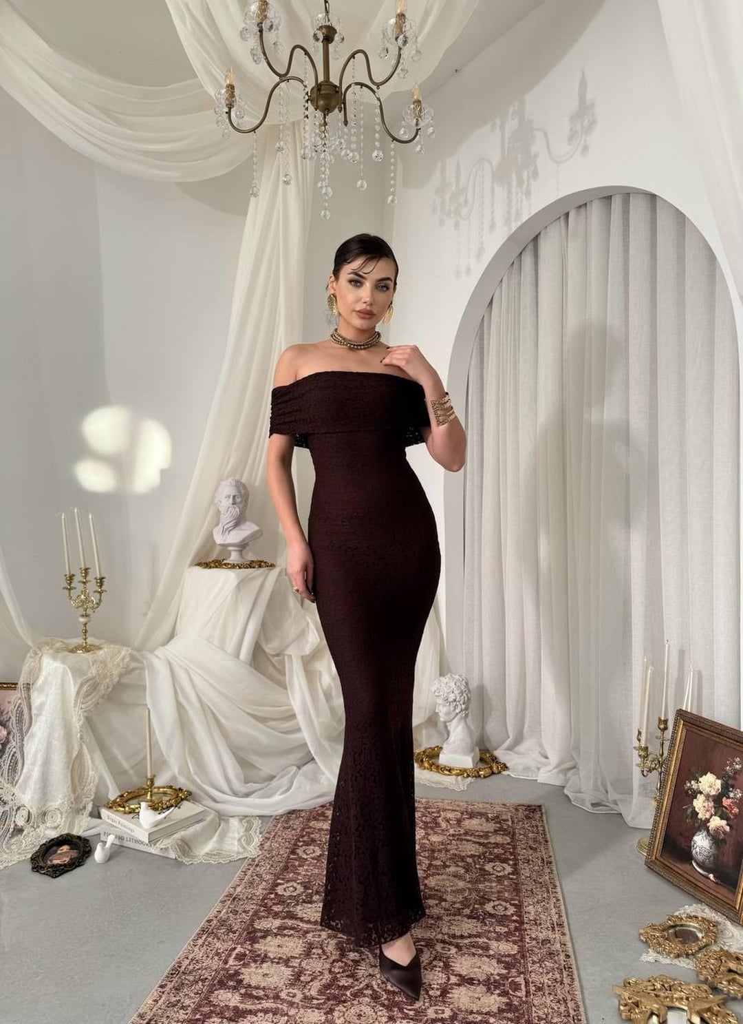 Women's Off-Shoulder Floral Lace Dress - Dark Brown - Etika - by Peralane - photo 3