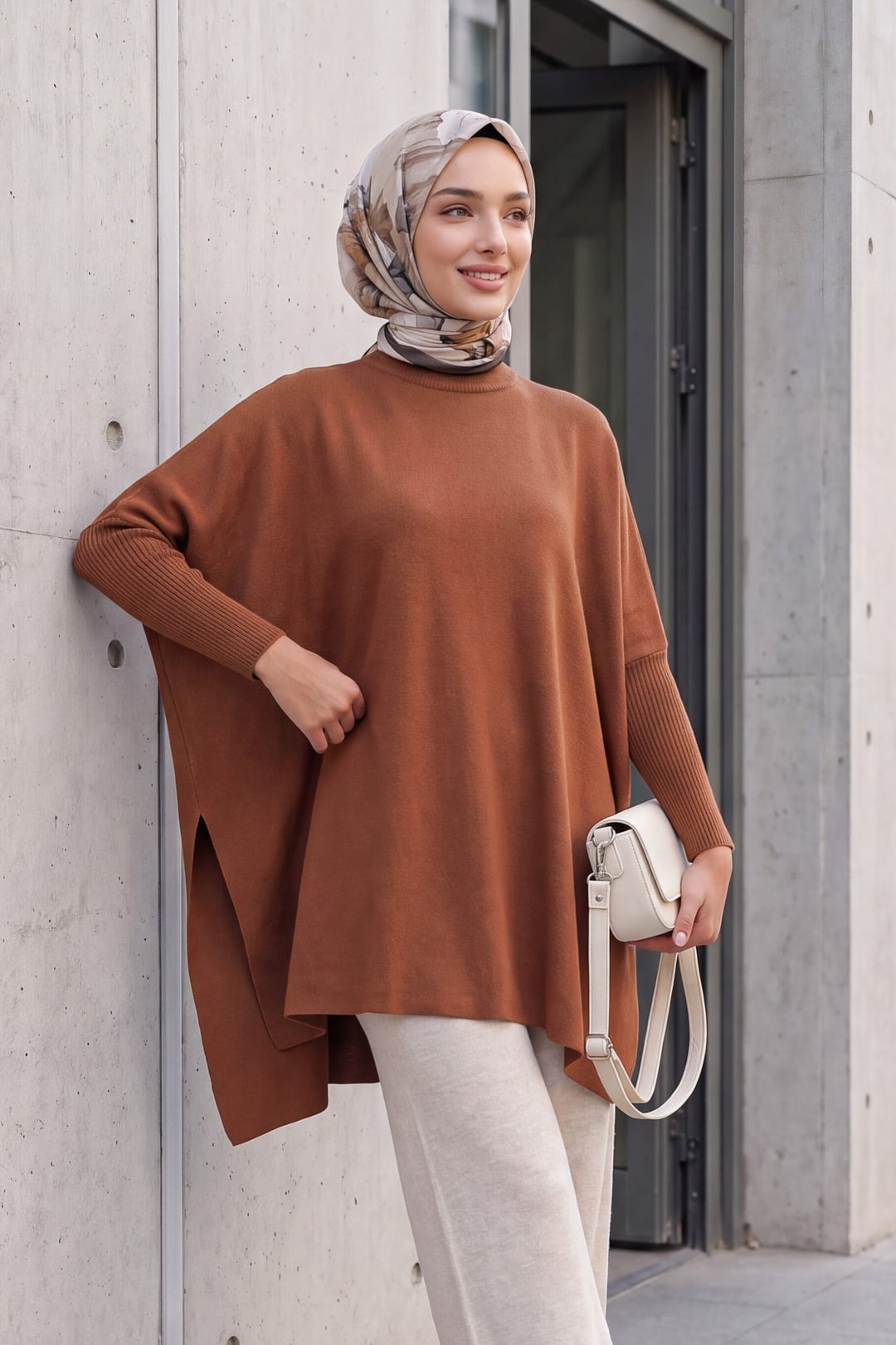 Oversize Pancho Knit Sweater with Side Slits - Rust - Bigdart - by Peralane - photo 3