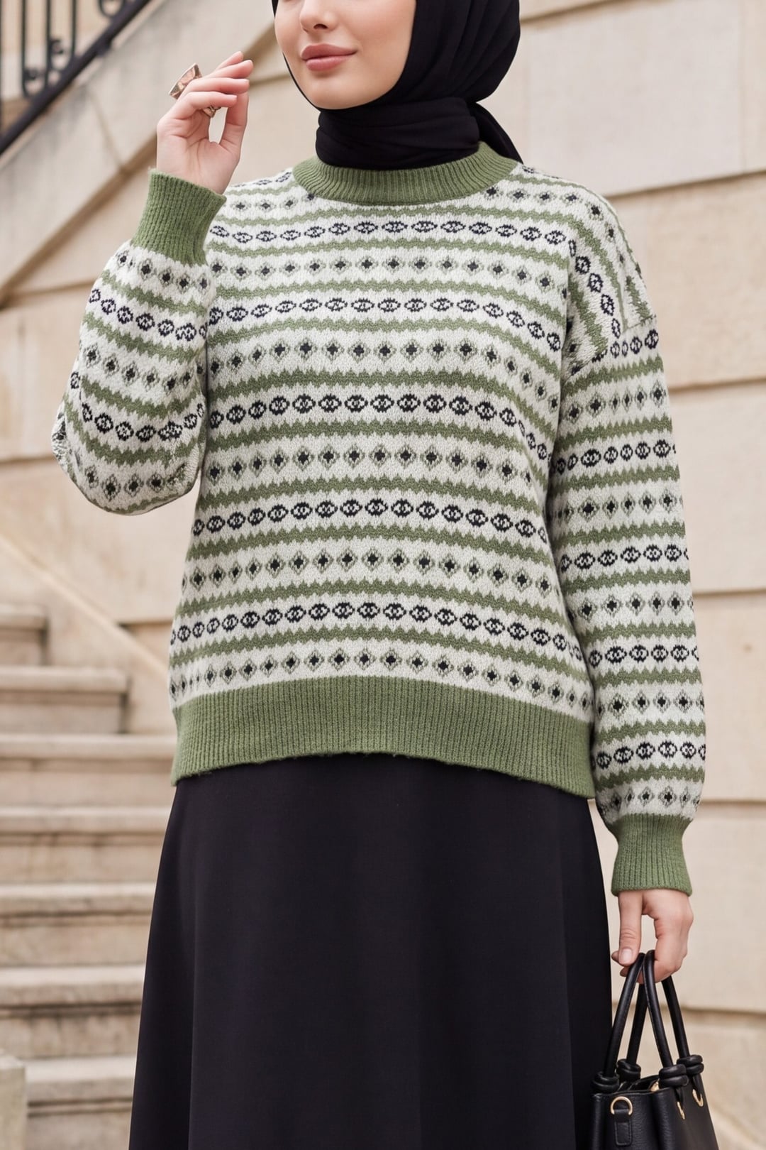 Crew Neck Patterned Jacquard Knit Sweater - Khaki - Podyumplus - by Peralane