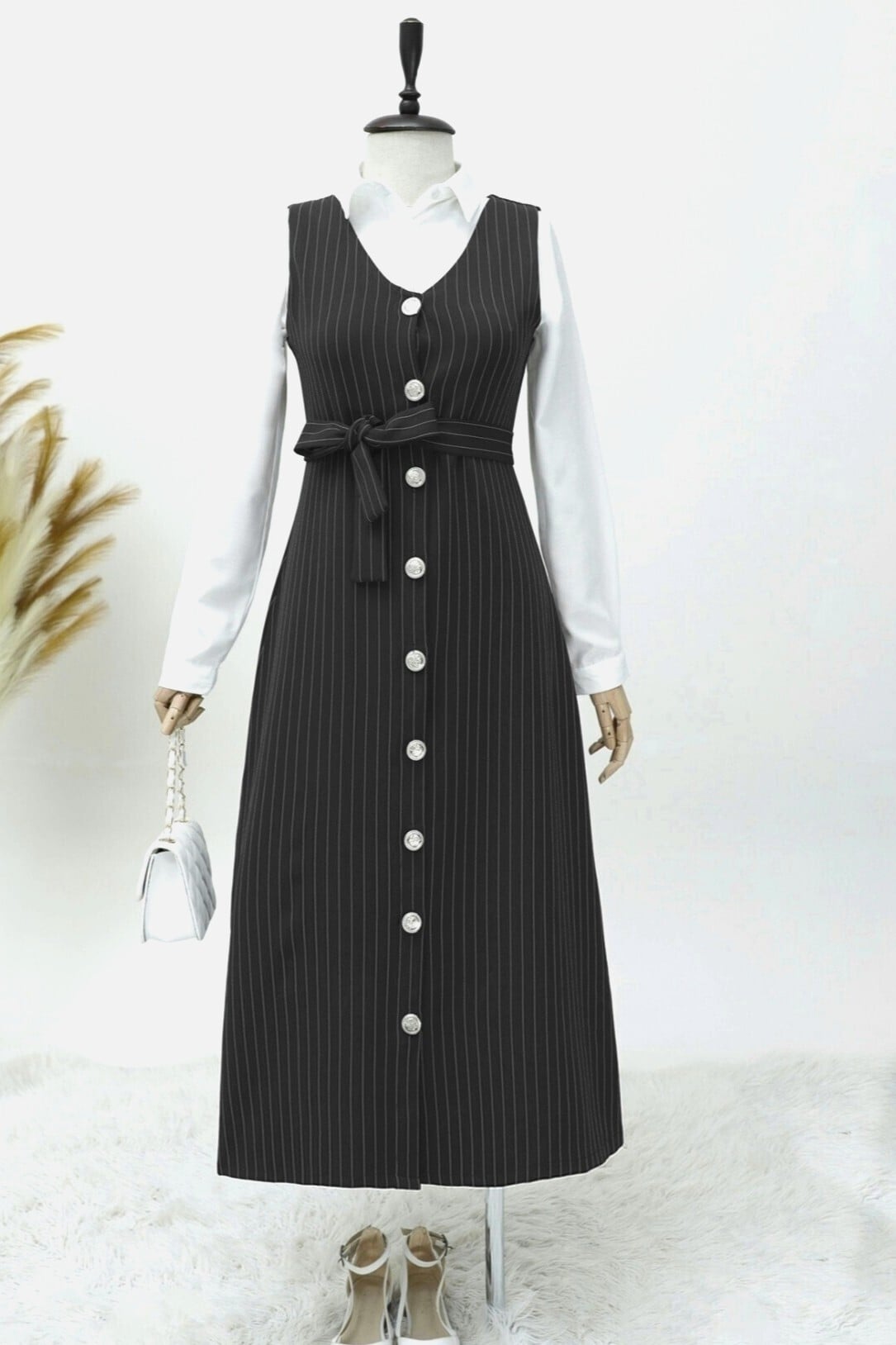 Black Pinstripe V-Neck Button-Front Belted Jile Dress - Podyumplus - by Peralane - photo 3