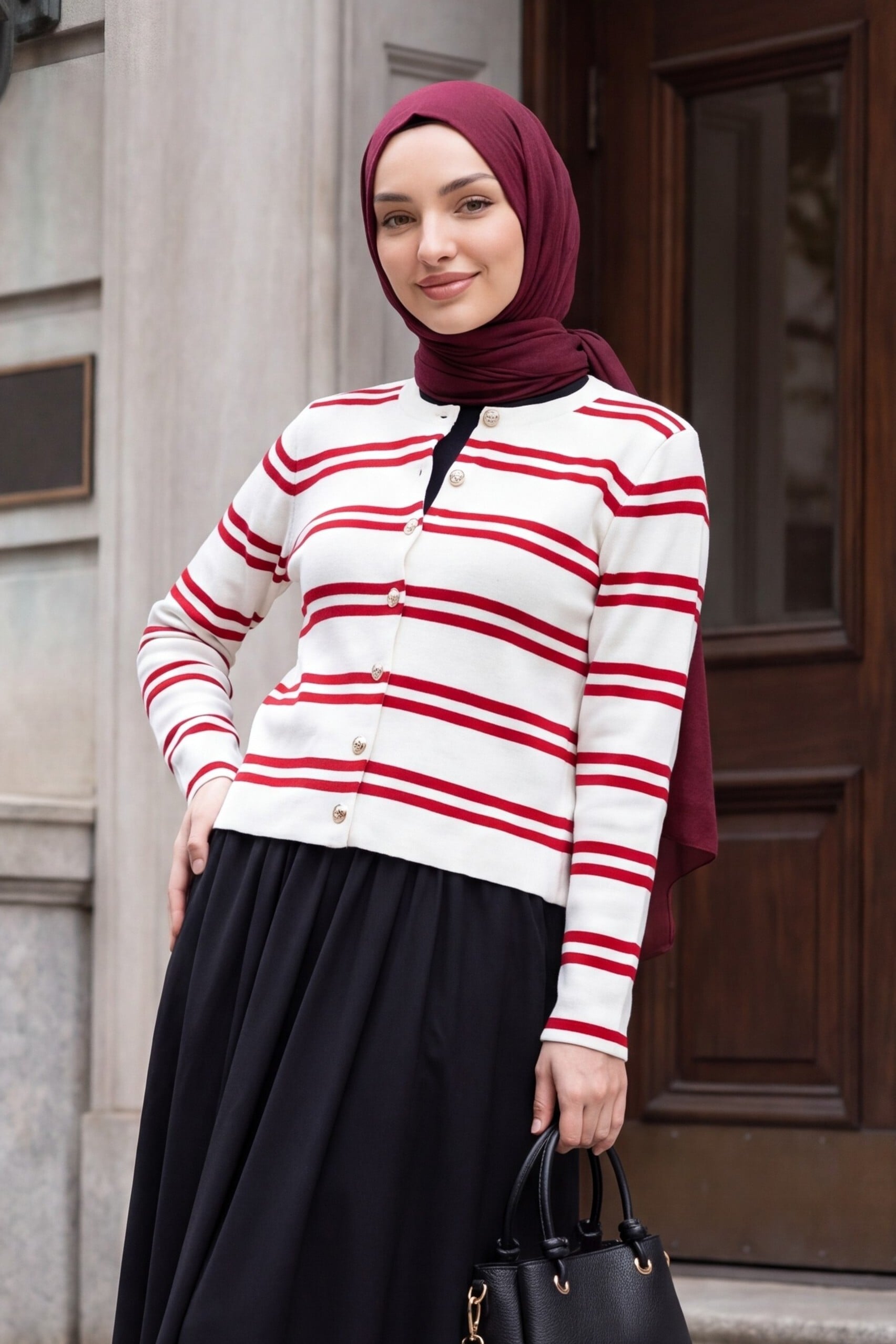 Striped Knit Cardigan with Shiny Buttons - Red - Podyumplus - by Peralane - photo 3