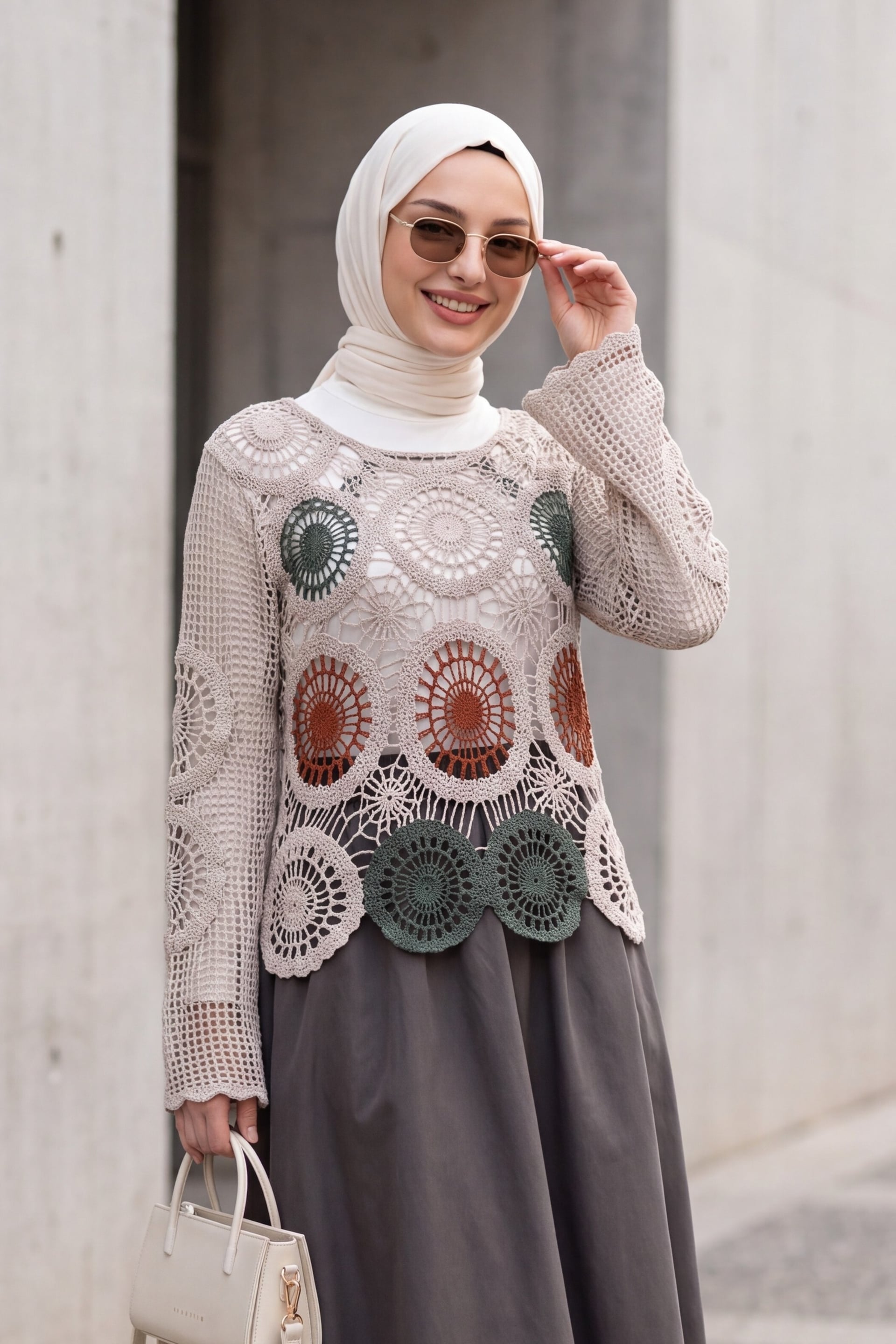 Beige Crochet Boat Neck Blouse with Colorful Motifs - Podyumplus - by Peralane - photo 2