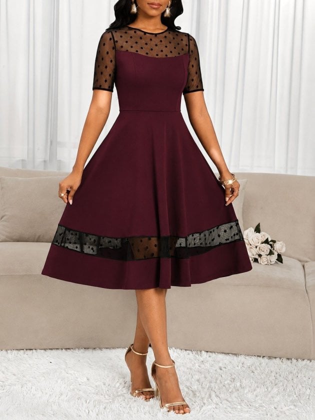 Women's Short Sleeve Crew Neck Polka Dot Tulle Detail Midi Crepe Dress - Janes - by Peralane
