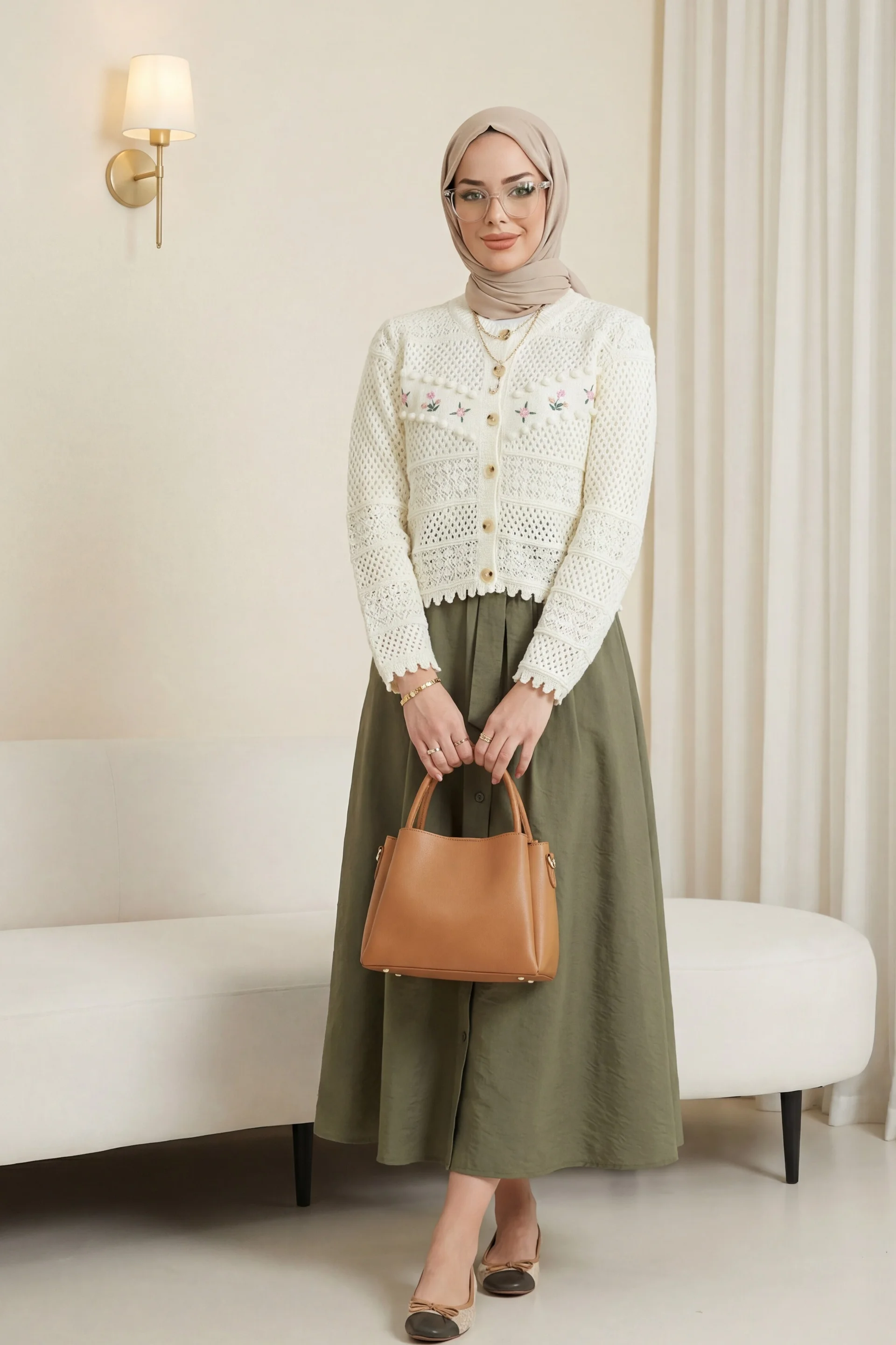 Cream Floral Embroidered Button Cardigan with Pom-Poms - Podyumplus - by Peralane - photo 3