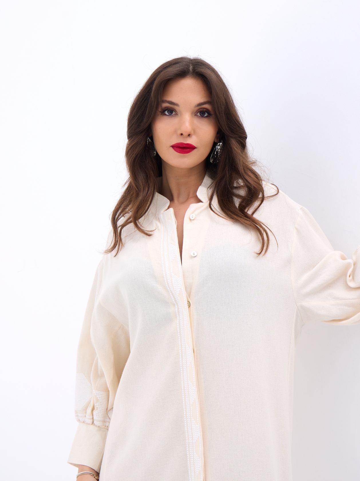 Cream Linen Blend Midi Shirt Dress with Embroidery - Fame - by Peralane - photo 3