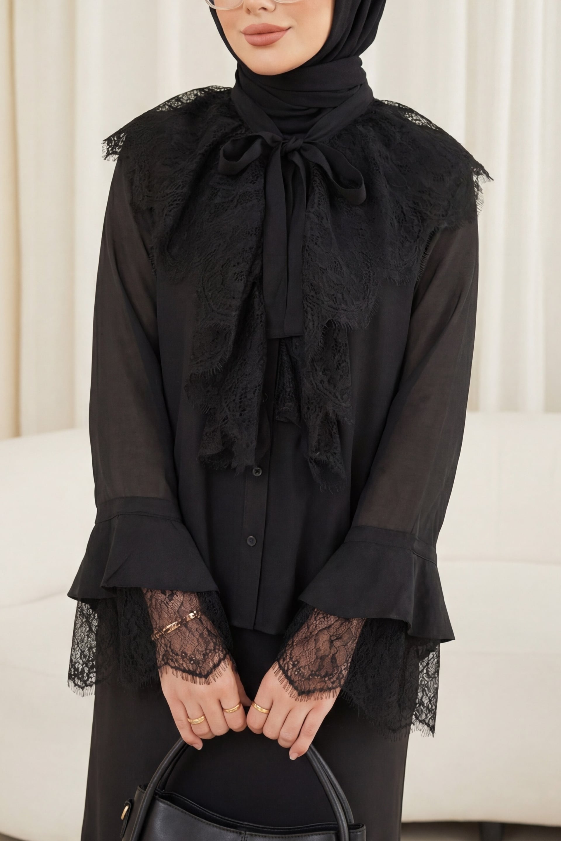 Cupra Blouse with Lace Trim and Tie Collar - Black - Podyumplus - by Peralane - photo 4