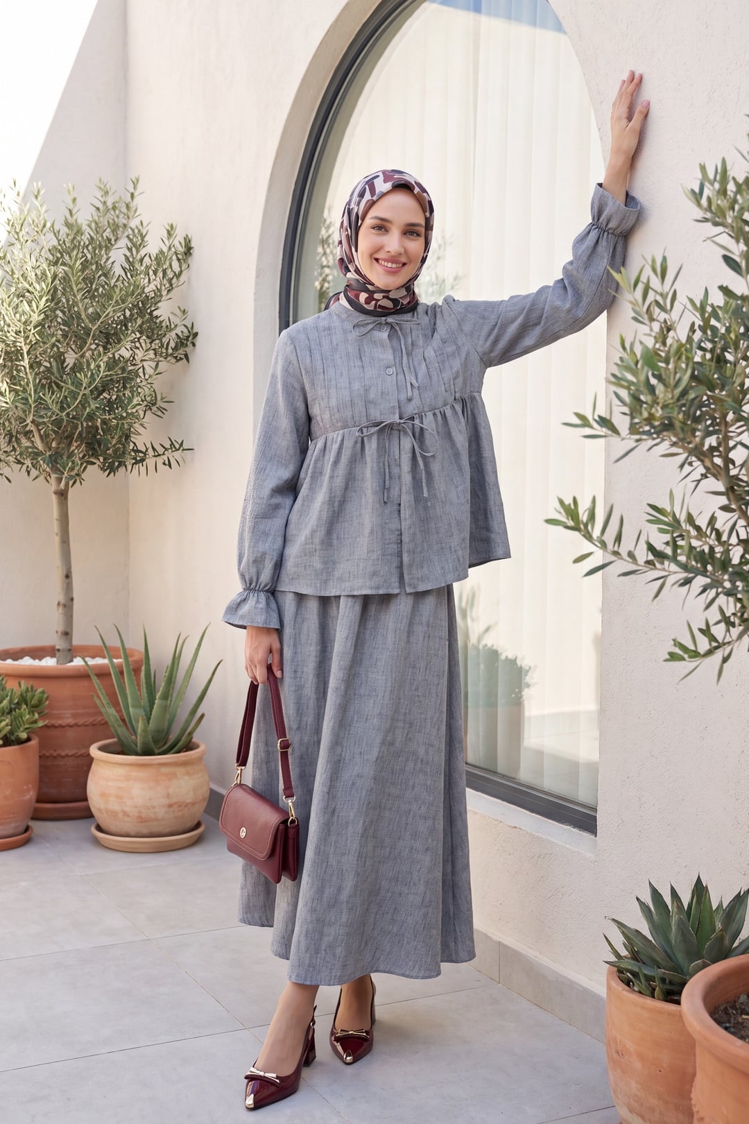Half Button Drawstring Linen Look Two Piece Set with Skirt - Smoke Grey - Podyumplus - by Peralane - photo 3