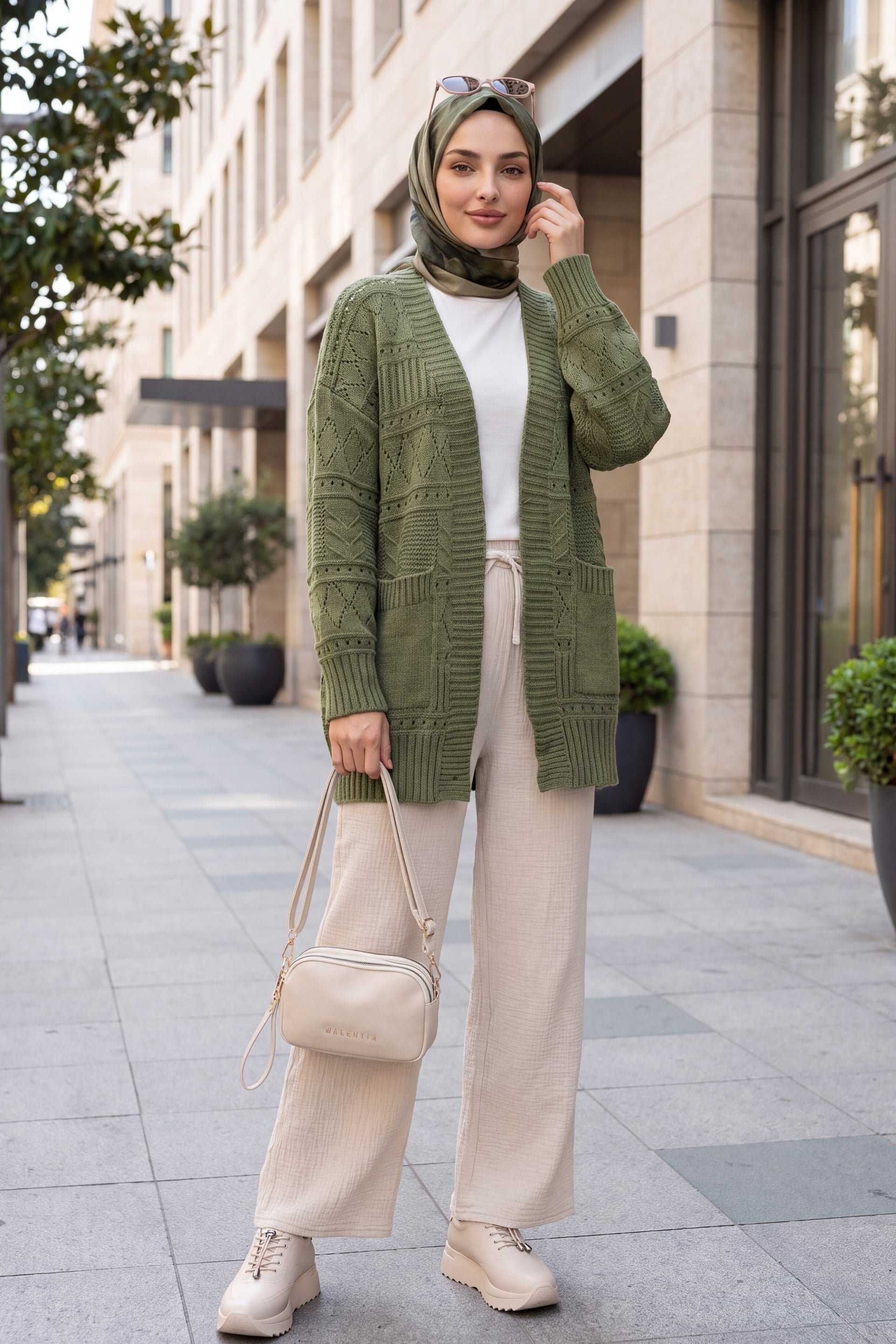 Double Pocket Open Front Textured Cardigan in Olive Green - Podyumplus - by Peralane - photo 4