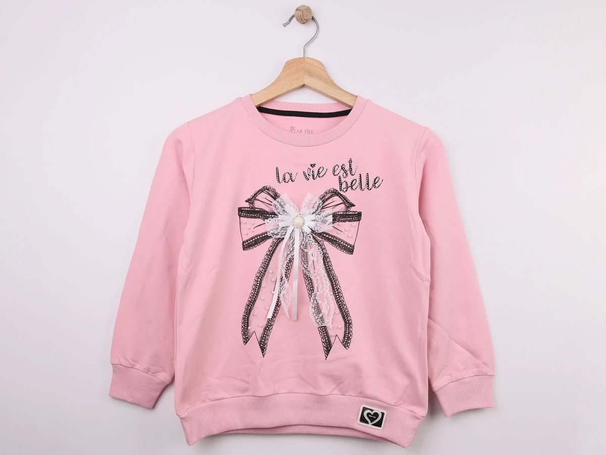 Pink Bow Print Lace Embroidered Girls Sweatshirt - Star File - by Peralane