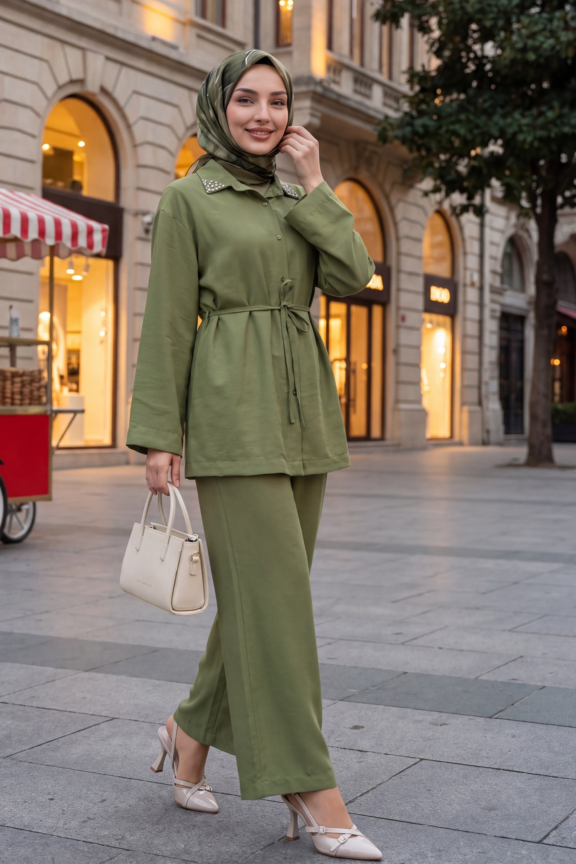 Stone-Collar Tie-Waist Tunic and Wide-Leg Trouser Set in Olive Green - Podyumplus - by Peralane