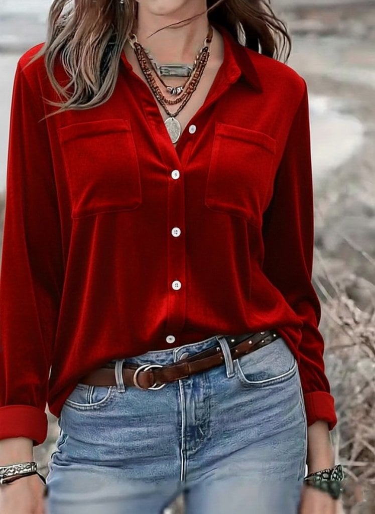 Women's Red Velvet Long Sleeve Collared Button-Front Shirt with Chest Pockets - Janes - by Peralane