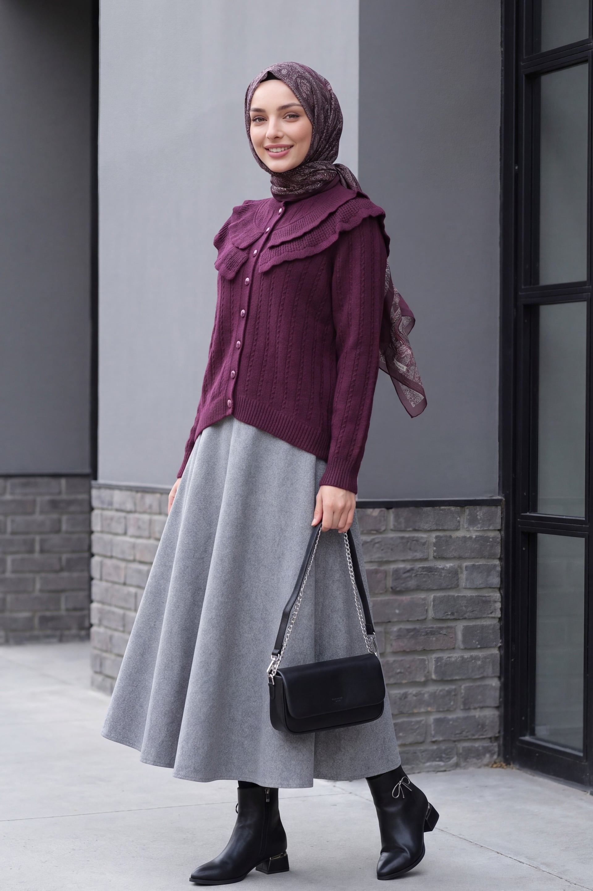 Crew Neck Ruffle Detail Openwork Button Knit Cardigan - Plum - Podyumplus - by Peralane - photo 4