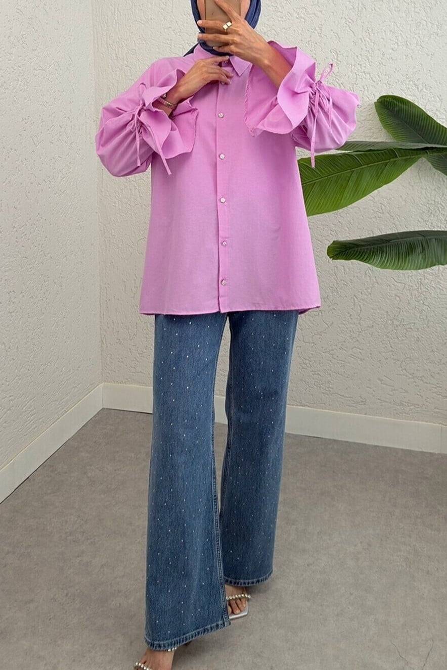 Light Pink Pleated Back Blouse with Ruched Sleeves - Podyumplus - by Peralane - photo 6