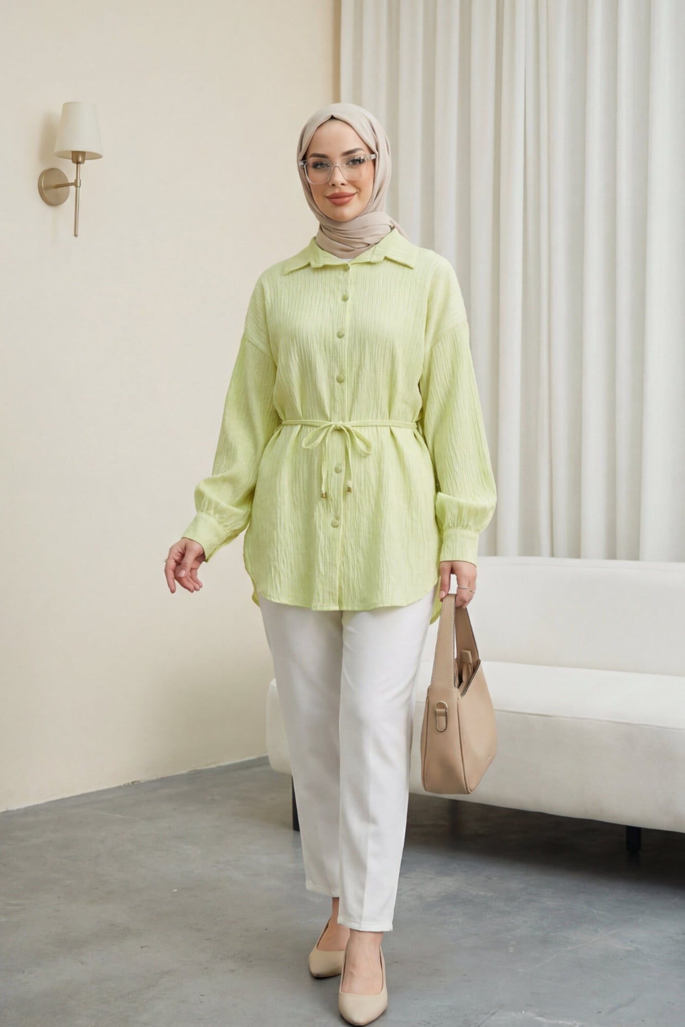 Belted Sequin Detail Buttoned Blouse - Light Yellow - Podyumplus - by Peralane - photo 3