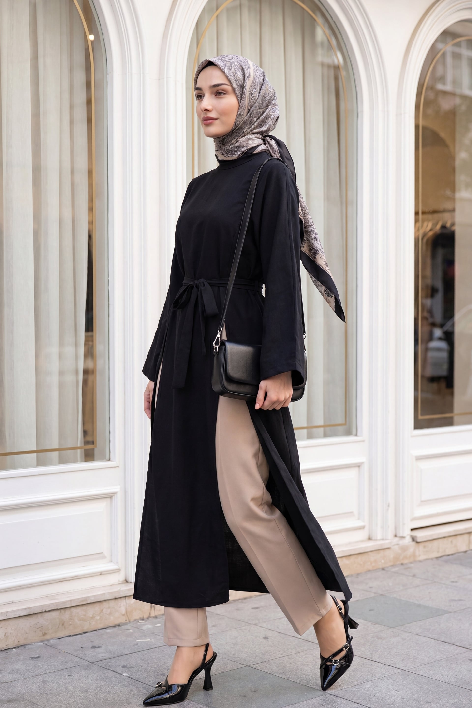 Hakim Collar Deep Slit Belted Long Modal Tunic - Black - Podyumplus - by Peralane - photo 3