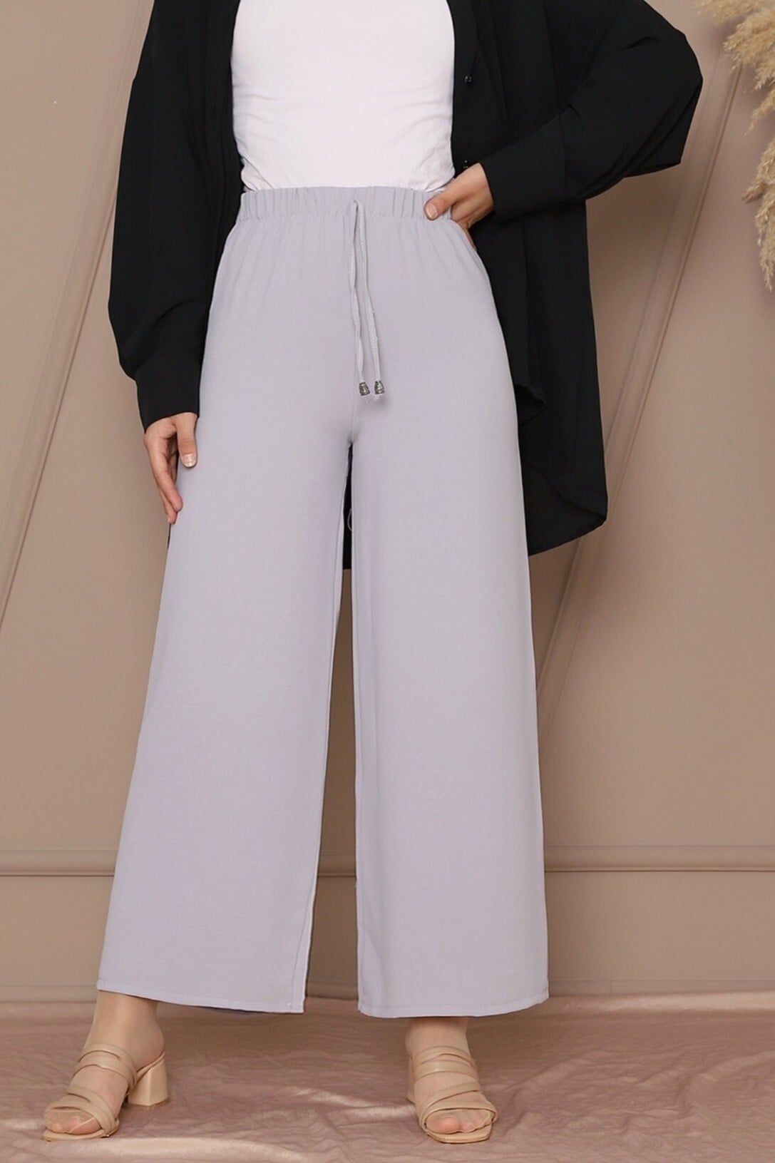 Drawstring Wide-Leg Elastic Waist Trousers - Grey - Podyumplus - by Peralane - photo 4