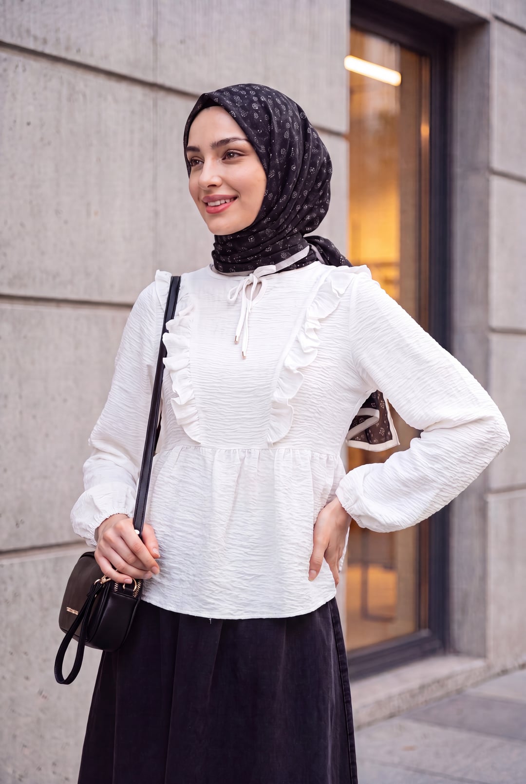 Crinkled Tie-Front Ruffle Blouse with Elasticated Cuffs - White - Podyumplus - by Peralane